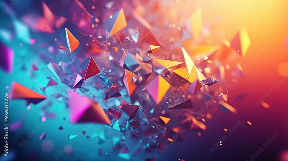 Fototapete Energetic 3D design featuring vibrant polygonal shapes moving in a dynamic pattern. -