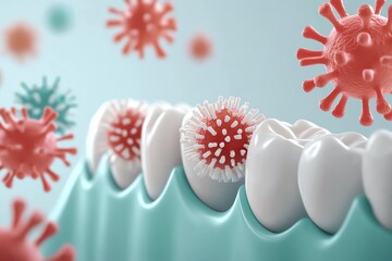 An illustration of dental health showing teeth and microscopic virus representations, emphasizing oral hygiene and disease prevention.