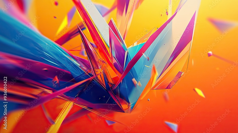 Poster energetic 3d design with colorful, rotating polygonal shapes creating a sense of motion.