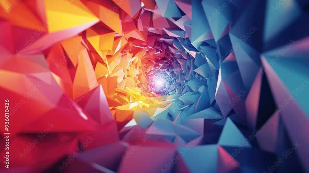 Poster energetic 3d design with colorful, rotating polygonal shapes creating a sense of motion.