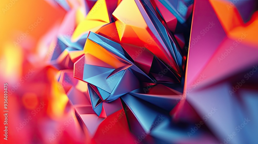 Poster energetic 3d design with colorful, rotating polygonal shapes creating a sense of motion.