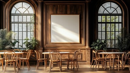 An empty classroom with a warm white tone, featuring a large whiteboard at the front. The room is designed as a smart classroom, with modern, minimalist furniture and integrated technology
