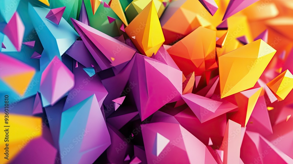 Poster energetic 3d design with moving polygonal shapes in vibrant colors, creating a lively dynamic feel.