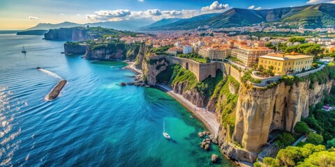 Aerial view of stunning cliff coastline in Sorrento overlooking the Gulf of Naples, Italy, Sorrento, coast, coastline