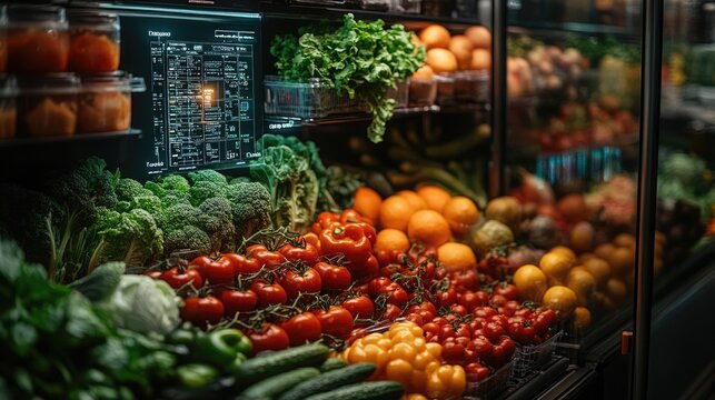 Fresh vegetables and fruits are stored inside a well-lit smart refrigerator, with a digital hologram of the temperature overlaying the scene, highlighting the advanced technology keeping the food