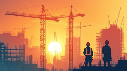 Engineer workers on background of construction cranes on background.