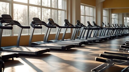 empty modern indoor fitness room interior full of treadmills and machines