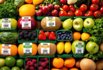 bright colorful food safety labels displayed fresh fruits vegetables ensure quality freshness, produce, packaging, design, graphics, sticker, information
