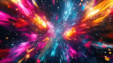 Fototapeta premium Explosion colorful rays. Shine dynamic scene. Magic moving fast lines. Hologram display. Bright blurred waves. Stylish space bright fantasy abstract background. Future tech. 3D illustration.