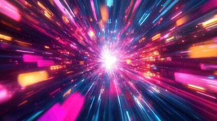 Naklejka premium Explosion colorful rays. Shine dynamic scene. Magic moving fast lines. Hologram display. Bright blurred waves. Stylish space bright fantasy abstract background. Future tech. 3D illustration.