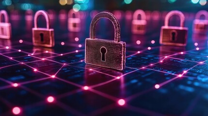 A digital image showcasing a blockchain network with 3D paper elements, featuring interconnected data blocks and a padlock icon. 