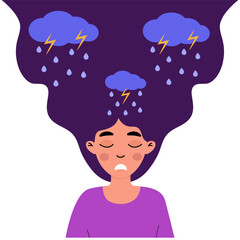 A young woman experiences emotions symbolized by stormy clouds in a digital illustration
