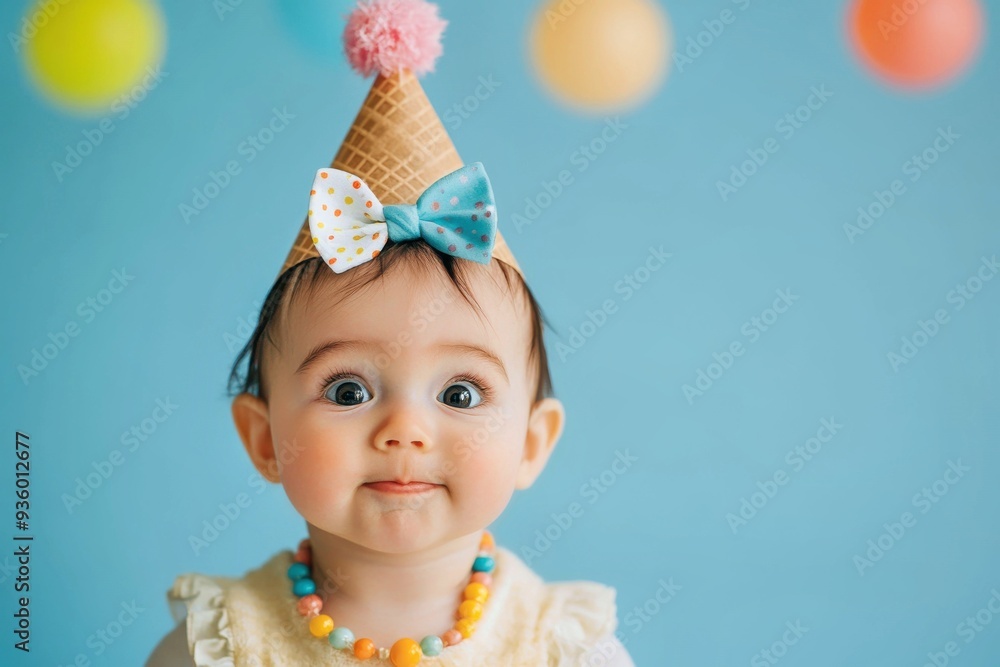 Wall mural creative animal concept. baby wearing party cone hat