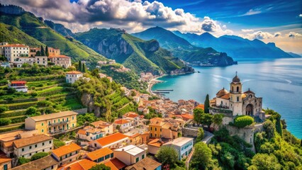 Fototapeta premium Beautiful town of Ravello overlooking the stunning Amalfi Coast , Ravello, Amalfi Coast, Italy, Mediterranean, Coastline