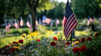 A Memorial Day tribute with veterans being honored, speeches being made, the American flag flying high, and a sense of reverence and national pride among the attendees