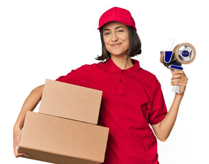 Young female courier with box and packing tape