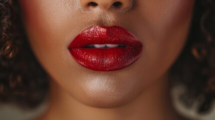 The rich, glossy red lipstick accentuates the full lips, creating a striking contrast with the smooth skin, radiating confidence and allure in a softly lit environment