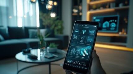 A smart home dashboard displayed on a smartphone, controlling various connected devices such as lighting, security, and entertainment systems, representing the seamless integration of IoT technology