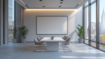 Fototapeta premium Modern Conference Room with Large Windows and City View, Minimalist Design, Natural Light, and Green Plants