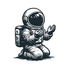 Cute astronaut praying with muslim pray style . Black white vector icon and logo illustration.