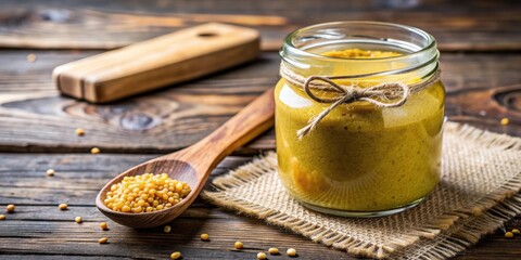 A close-up photo of a jar of artisanal mustard with a rustic label and wooden spoon, condiment, sauce, gourmet, flavor, kitchen