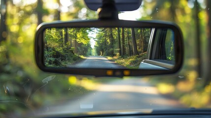 Rearview mirror showing the road behind with the rearview camera display visible on the dashboard.