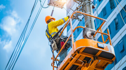 Electrician Working on Power Lines from Elevated Platform in Urban Area. Concept of electrical maintenance, safety, utility work, and urban infrastructure