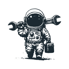 Cute astronaut hold a wrench. Black white vector icon and logo illustration.