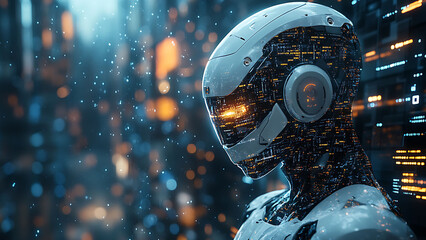 Futuristic cyborg with glowing circuitry, standing against a vibrant cityscape.