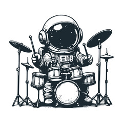 Cute astronaut playing a drums. Black white vector icon and logo illustration. © Maryoto