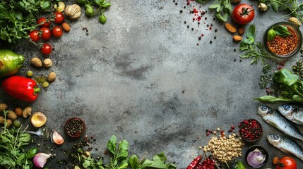 Fresh ingredients like vegetables, nuts, fish, and fruits arranged on a rustic concrete surface. Emphasizing health and nutrition with ample copy space.