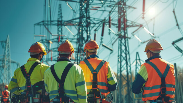 Group of Electricians in Safety Gear Working in Front of High Voltage Power Lines on a Sunny Day. Concept of Teamwork, Electrical Engineering, Safety, and Power Infrastructure