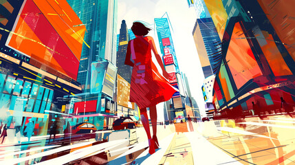 Digital Illustration of a Woman in a Flowing Red Dress Walking through a Futuristic Cityscape. Concept of Urban Life, Futurism, Female Empowerment, and Modern Ambiance