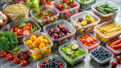 Food prepping and conservation with various fresh fruits and vegetables in reusable containers, food prep, meal prep