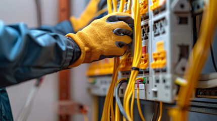 Gloved Hands Adjusting Electrical Wiring in a Circuit Breaker Panel. Concept of Electrician Work, Electrical Engineering, Wiring Maintenance, Safety Measures