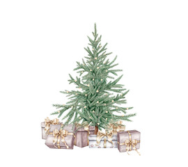 Watercolor green classic Christmas tree and gift boxes with golden bows isolated on white background. Hand drawn illustration sketch fir tree. Needles for New year design holidays in pastel colors