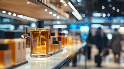Captivating view of a duty-free shop inside an airport, with premium perfume bottles displayed on a sleek counter under soft lighting, blurred background of passengers walking by, and a clear focus