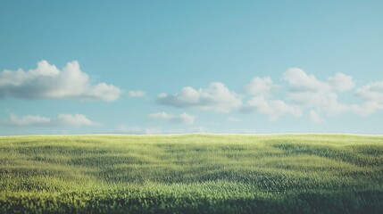 Fototapeta premium Green meadow under a bright blue sky with fluffy clouds, a serene background for nature and outdoor themes