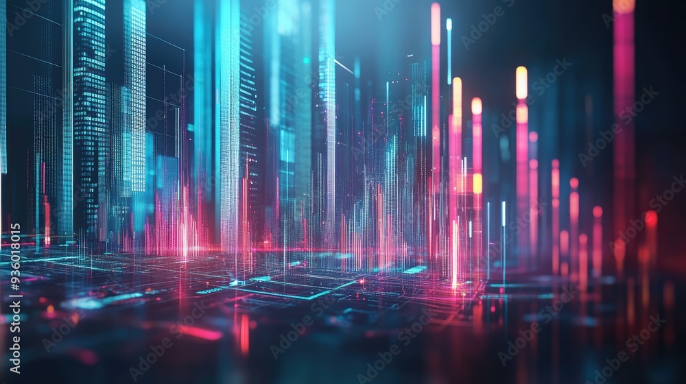 Poster futuristic 3d financial graph with abstract elements and vibrant data representation. --