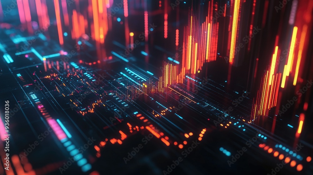 Poster futuristic 3d financial graph with abstract shapes and glowing data indicators. -