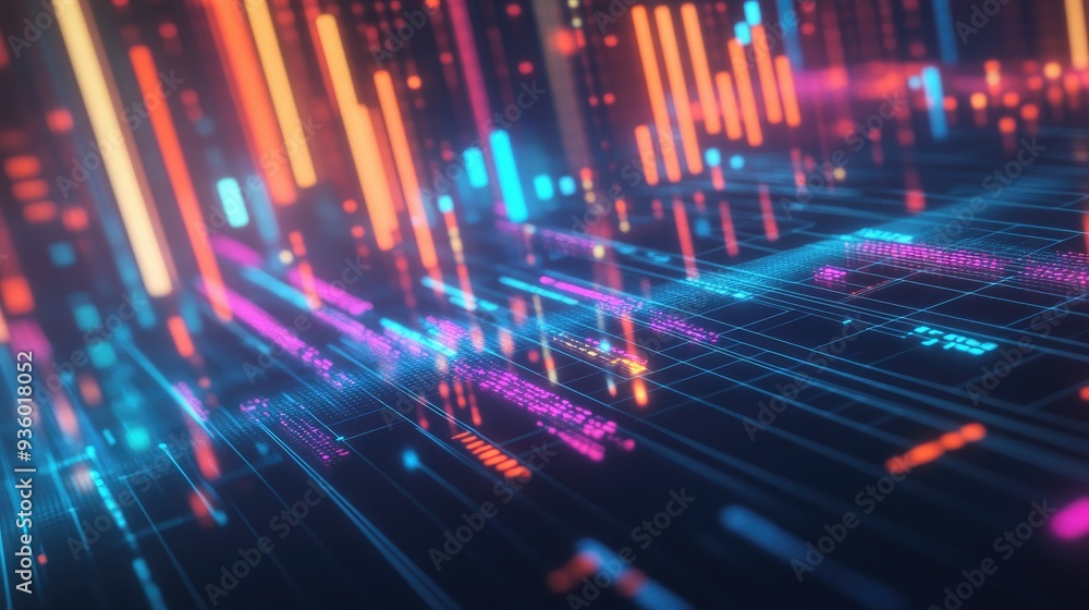 Poster futuristic 3d financial graph with abstract shapes and glowing data indicators. -