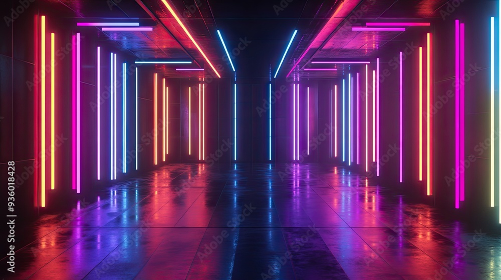 Poster futuristic 3d rendering of a room with black walls and multicolored neon lights.