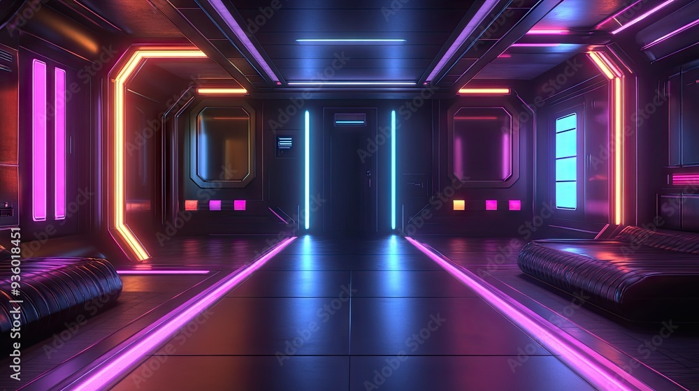 Poster futuristic 3d rendering of a room with black walls and multicolored neon lights.