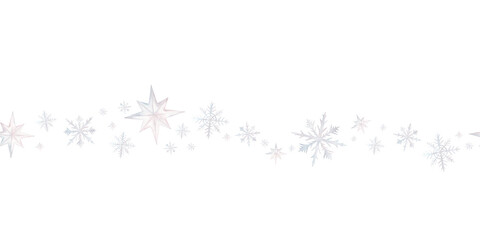 Obraz premium Seamless border with snow and snowflakes in different shapes and forms. Christmas and New Year background. Watercolor hand drawn illustration on isolated background. Repeat print for banner
