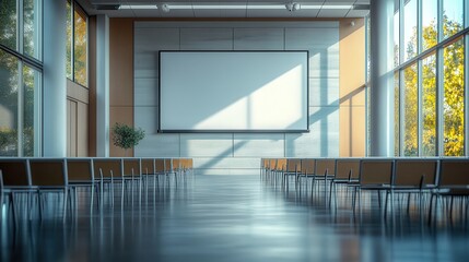 Obraz premium Modern Conference Room with Large Screen and Rows of Chairs in Bright, Sunlit Space