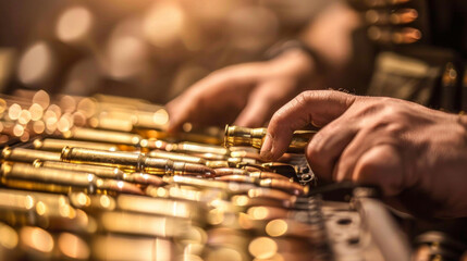 Close-up of Shooter's Hands Loading Bullets into a Firearm, Concept of Precision, Ammunition Handling, Shooting Sports, Gun Safety