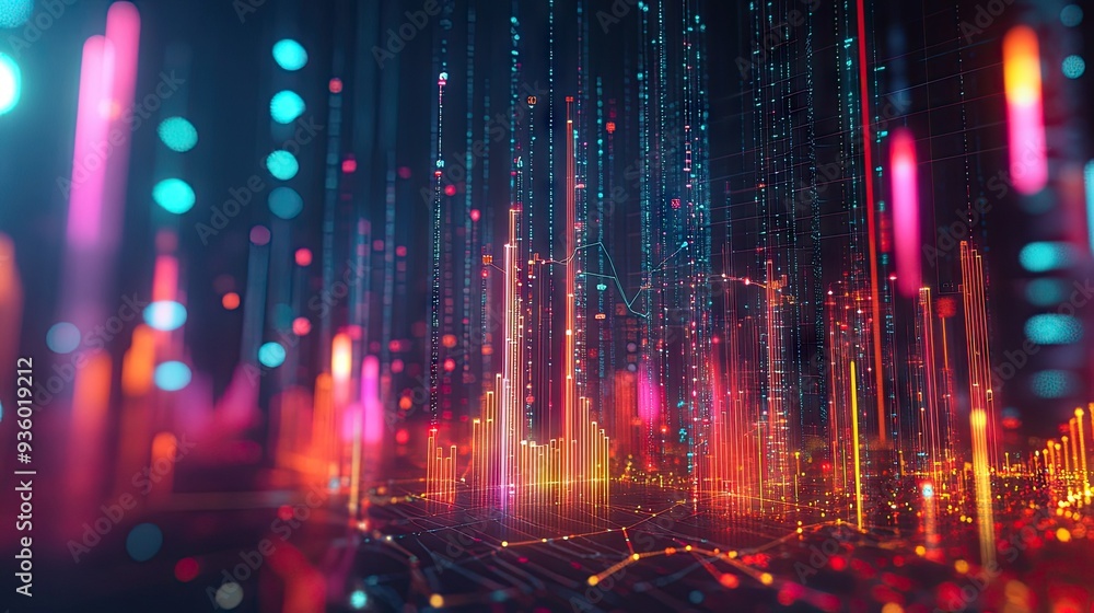 Poster geometric abstract 3d financial graph with dynamic shapes and glowing data indicators.
