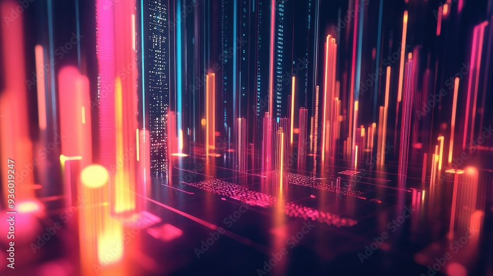 Poster geometric abstract 3d financial graph with dynamic shapes and glowing data indicators.