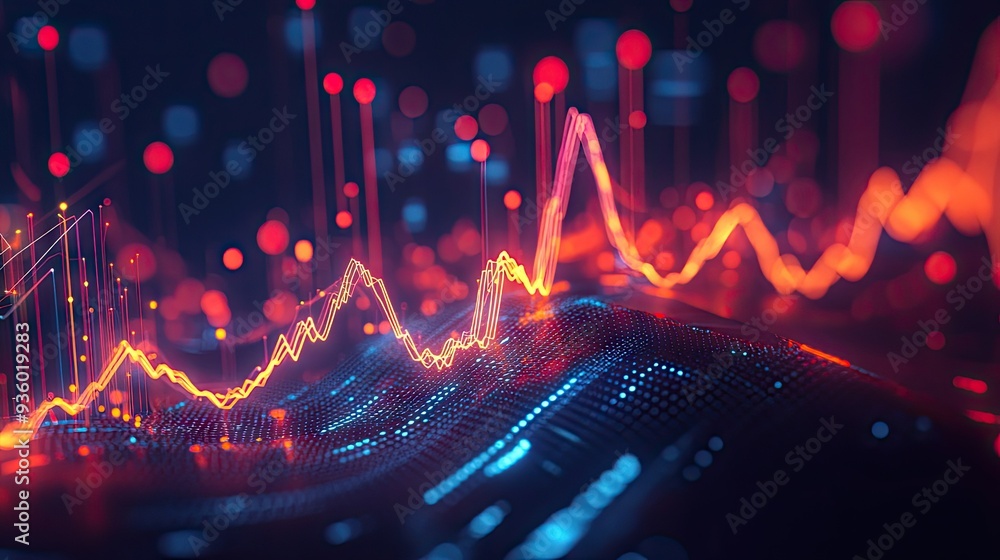 Poster geometric abstract 3d financial graph with dynamic shapes and glowing data indicators.