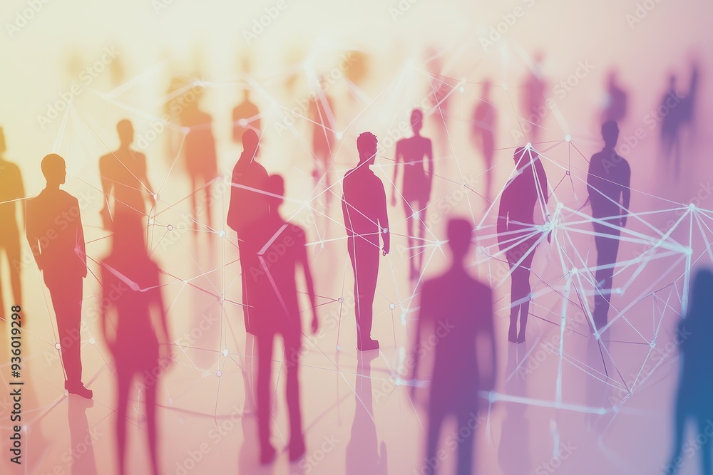 Poster connected by lines, a large group of simple people shapes